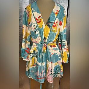 Women's Tropical Print Tie-Waist Tunic - Teal Multi